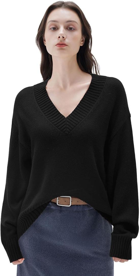 SUUKSESS Women Cashmere Blend Oversized V Neck Long Sleeve Pullover Sweaters (Large, Jet Black)