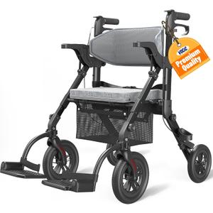 VOCIC Rollator-Walkers-for-Seniors-with-Seat, Walker Wheelchair Combo, Transport-Wheelchair-Lightweight-Foldable, Adult Walkers All Terrain, 2 in 1 Rolling Walker Chair with Brakes & Pouch