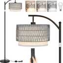 Rattan Floor Lamps for Living Room, Boho Standing Lamps with Grey Rattan& Linen Double Shades, Arc Lamps Floor Standing with 9W Bulb, Foot Switch, Black Bohemian Floor Lamps for Bedroom, Office-Drum (Black & Gray shade)