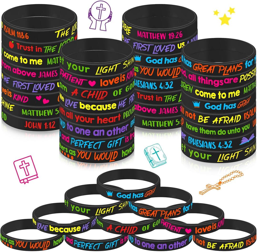 Gueevin 60 Pcs Bible Verse Bracelets for Kids Christian Scripture Bracelets Jesus Wristband Religious Motivational Kids School Gifts Classroom Prizes(Dark Color)