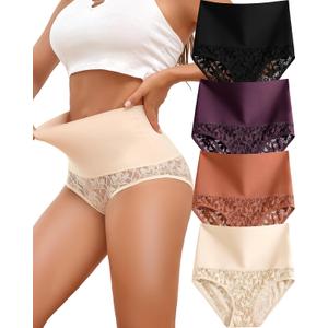 Shapewear for Women Tummy Control High Waisted Seamless Womens Underwear 4-Pack Sexy Lace Plus Size Panties, XL