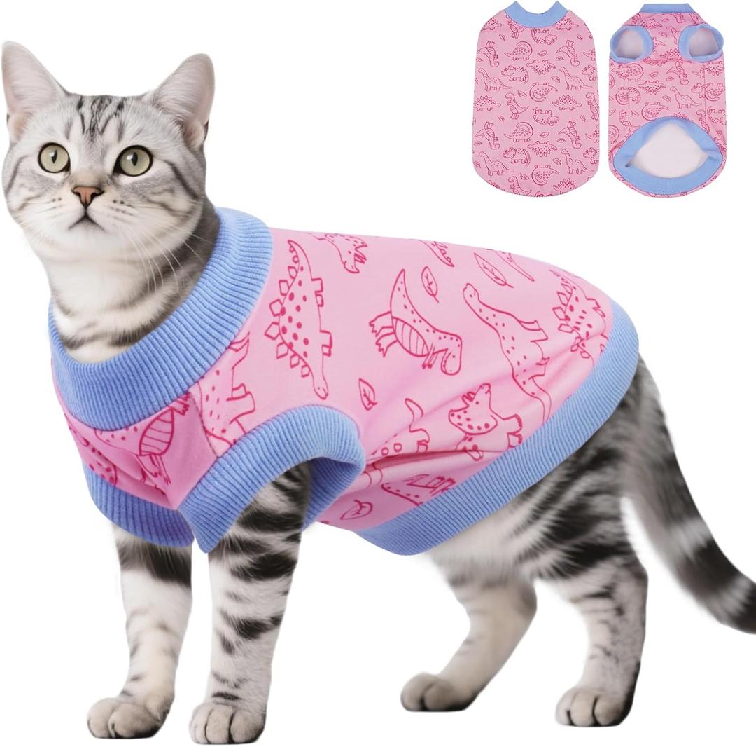 DENTRUN Sleeveless Cat Vest with Dinosaur Print, Breathable Ultra-Soft Dralon Fleece Cat Sweater, All-Season Pet Costume Apparel for Cats, Kitten Clothing for Indoor/Outdoor, XS