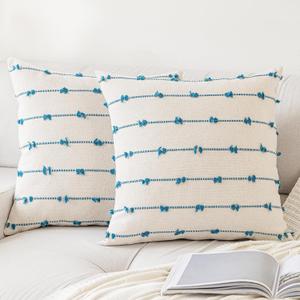 YEENAASY Boho Throw Pillow Covers 20x20 Set of 2 Modern Farmhouse Decorative Cushion Case Tufted Linen Square Pillows Cover Neutral Pillow Cases Accent Pillowcase for Sofa,Couch,Bed,Beige and Blue