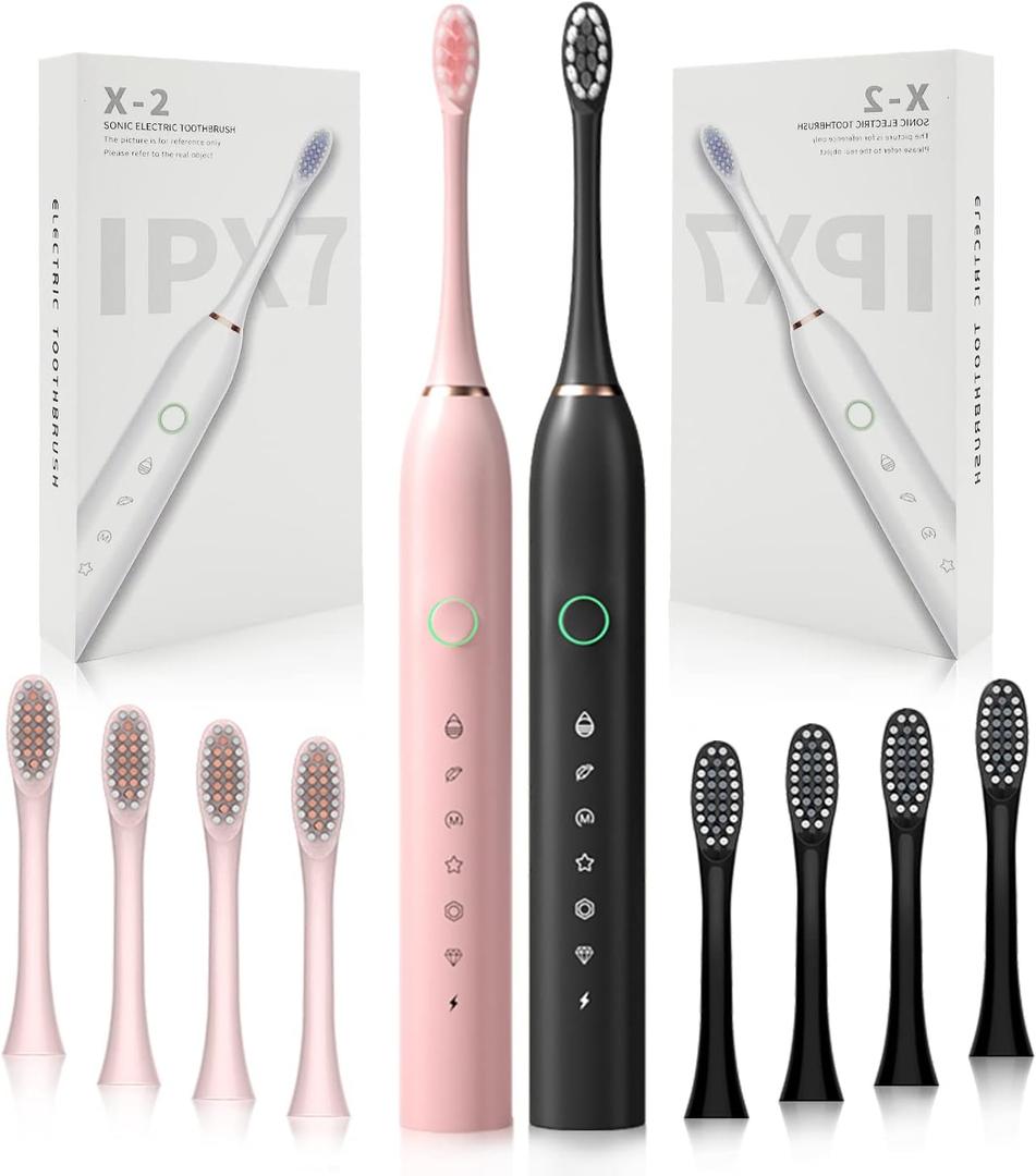 2 Pack Rechargeable Electric Toothbrushes for Adults and Kids, Whitening Tooth Brush with 8 Brush Heads, 6 Cleaning Modes and Smart Timer, Waterproof Cleaning Toothbrushes Set (Black & Pink)