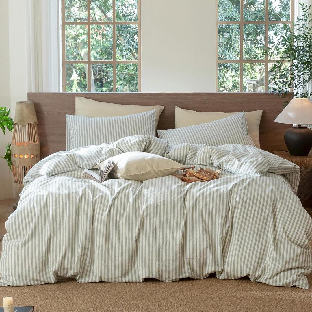 MooMee Striped Duvet Cover Set 100% Washed Cotton Linen Like Textured Breathable Durable Soft Comfy (Sage Green White Classic Stripes, King 104"x90")