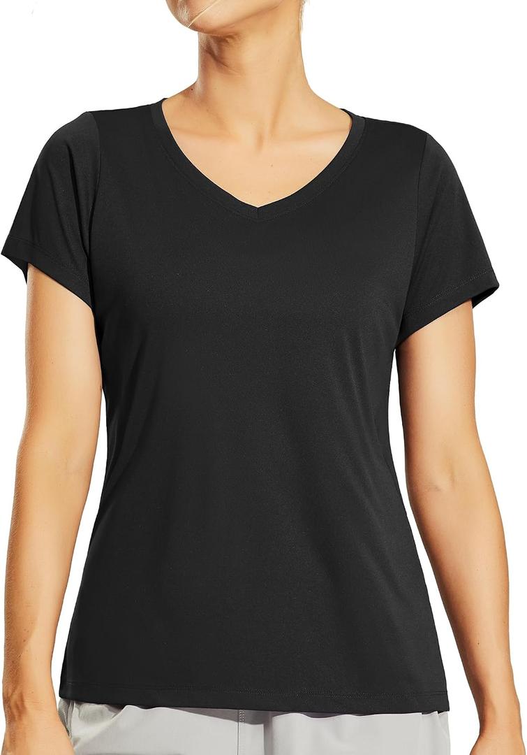 Haimont Women's Quick Dry Short Sleeve T-Shirts V-Neck UPF 50+ Tops Workout Athletic Fitness Running, Moisture Wicking