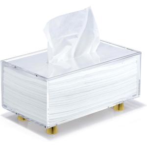 YoBa Thick Acrylic Tissue Box Holder Rectangular Clear Tissue Box Dispenser with 4 Aluminum Legs for Bathroom, Kitchen, Bedroom, Office, Hotels and Restaurant (Clear (Gold Legs), Rectangle)