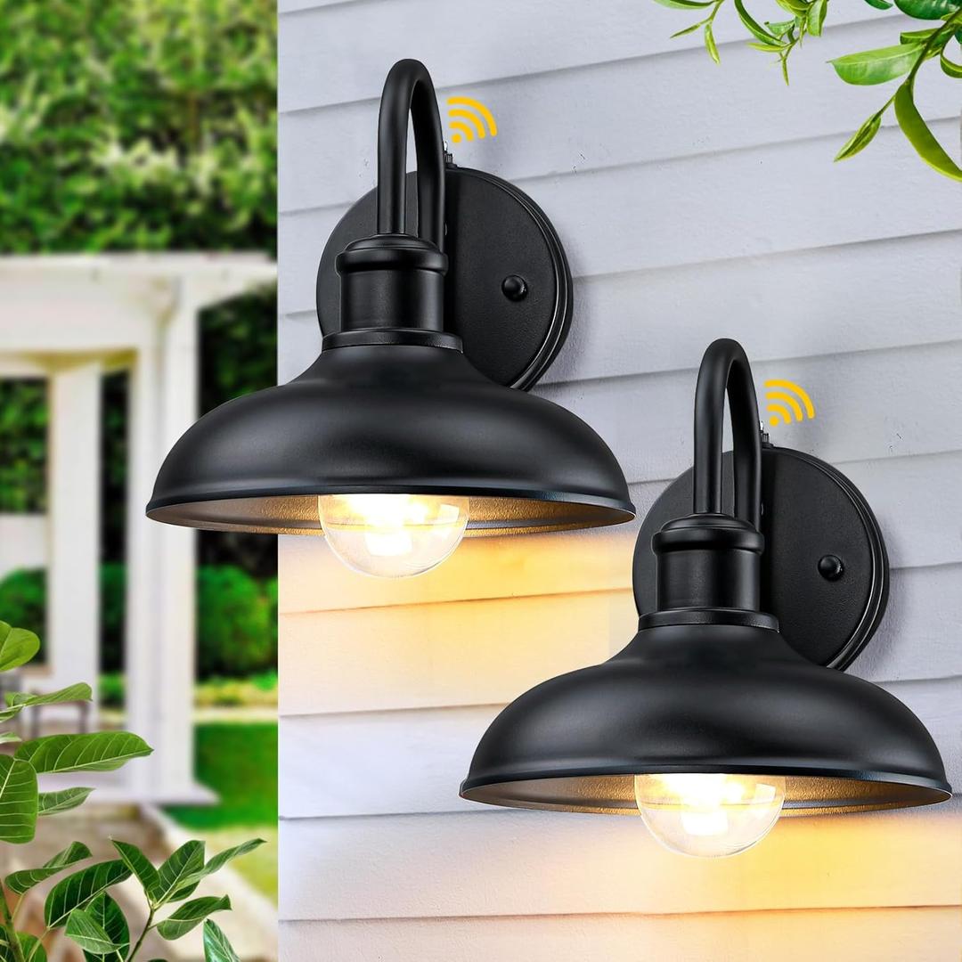 Dusk to Dawn Gooseneck Outdoor Light Fixtures, 2-Pack Farmhouse Barn Lights for Porch, Industrial Black Exterior Wall Sconce for Garage, Patio, E26 Base Anti-Rust for Garage Frontdoor Entryway Doorway (7.6''-With Sensor)