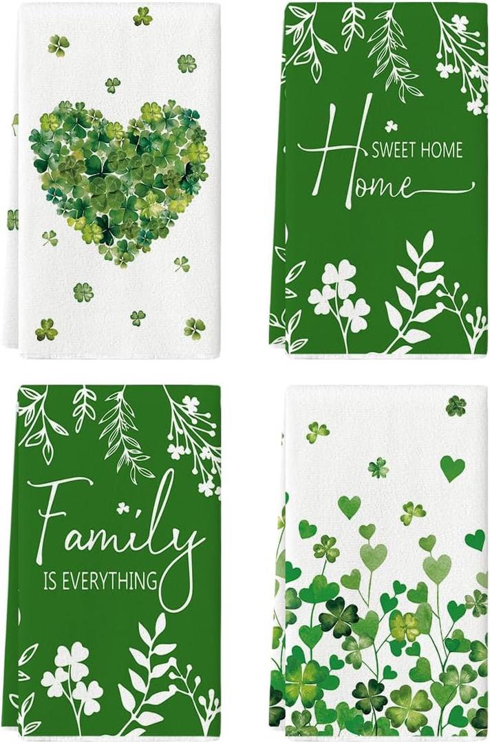 Artoid Mode Heart Irish Leaves Home Sweet Home St. Patrick's Day Kitchen Towels Dish Towels, 18x26 Inch Farmhouse Spring Decoration Cleaning Set of 4, Green