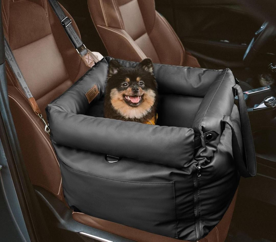 FUNNYFUZZY Leather Dog Car Seat for Small  Medium Sized Dogs Up to 35lbs, Waterproof and Washable Dog Booster Seat Car Bed for Travel and Home,Portable and Safety(Black)