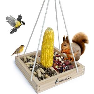 Platform Squirrel & Bird Feeders, Quality Cedar Made Wood Tray Garden Hanging Animal for Yard Outside Decoration Attrcting for Wild Birds