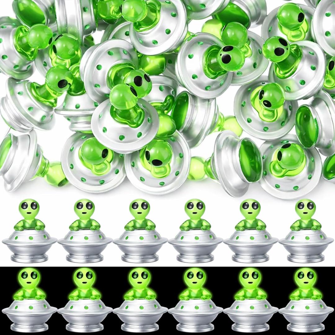 Sumind 50 Pcs Mini Resin UFO Alien Spaceship Figurines Glow in the Dark Bulk Set Halloween Small UFO Luminous Figures for Collections Themed Decorations Creative Crafts Space Party Fillers (Striker)