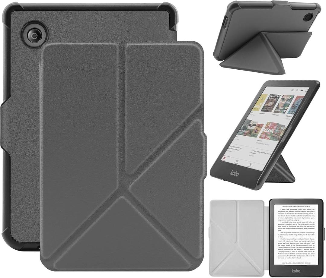 Case Compatible with 6" Kobo Clara Colour/BW (2024)/2E (2022), Includes a Screen Protector - PU Leather Cover with Auto Sleep/Wake (One Size, Grey)