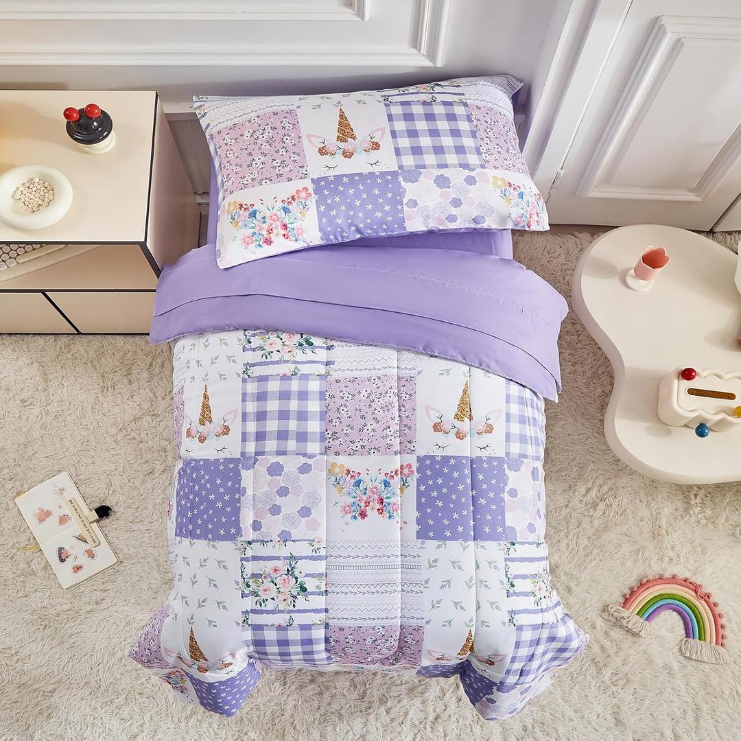 Joyreap 4 Piece Toddler Bedding Set- Purple Butterflies Flowers Patchwork Toddler Comforter Set, Includes Quilted Comforter, Fitted Sheet, Top Sheet, and Pillow Case