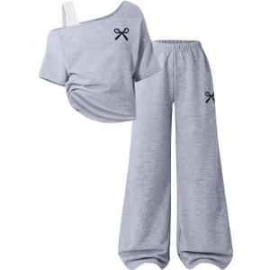 Teen Girls Clothes Off the Shoulder Top and Wide Leg Pants Matching Outfit Set with Pockets (Gray, M)