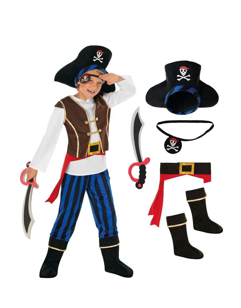 Morph Pirate Costume For Kids - Boys Pirate Outfit - Fun Dress Up Costume For Halloween, Parties, Role Play, T2,  blue and brown
