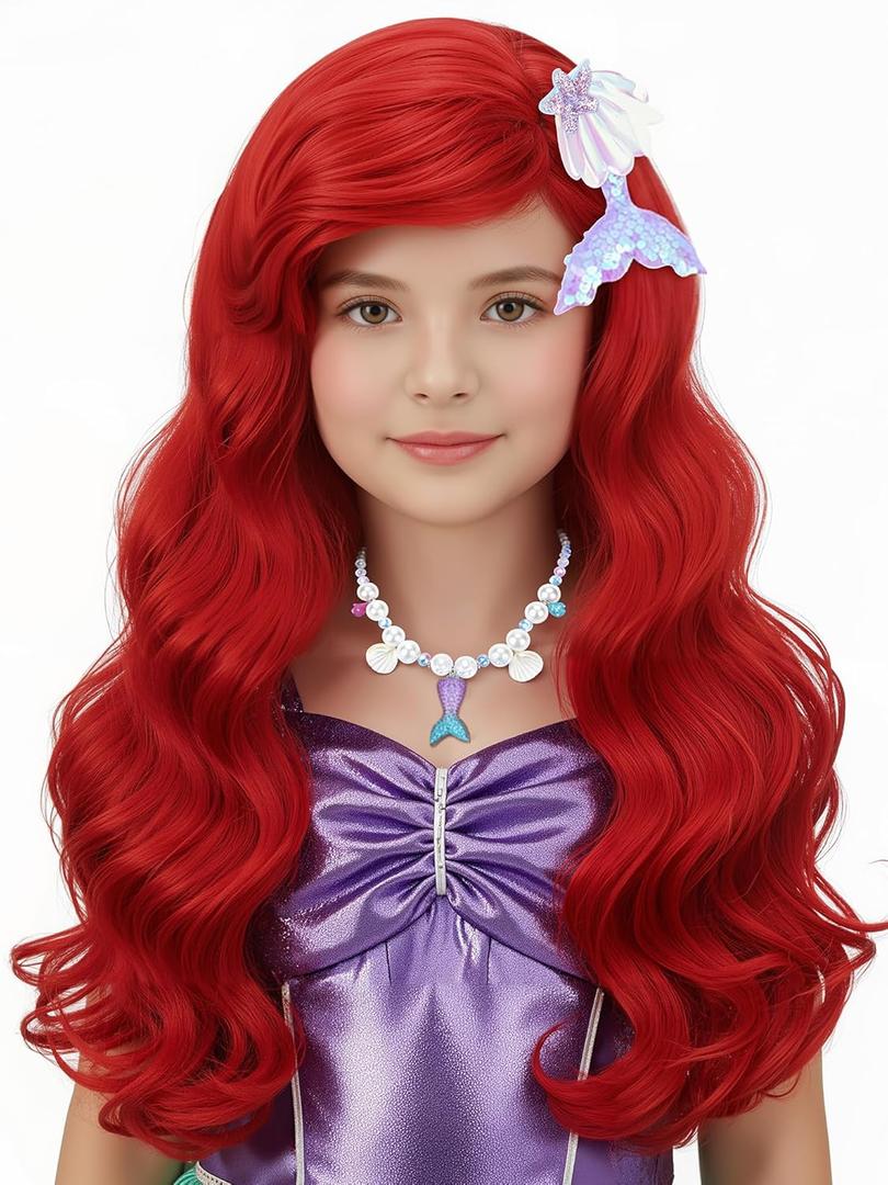 Red Mermaid Wig for Kids Girls Red Long Curly Wig Halloween Cosplay Wigs (Dark Red)