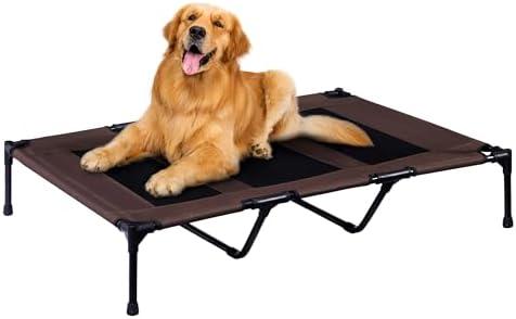 PRAISUN XL Outdoor Dog Bed, Elevated Dog Bed with Durable Oxford Fabric, Textilene Mesh, Metal Frame for Indoors, Outdoors, Lawn, Brown