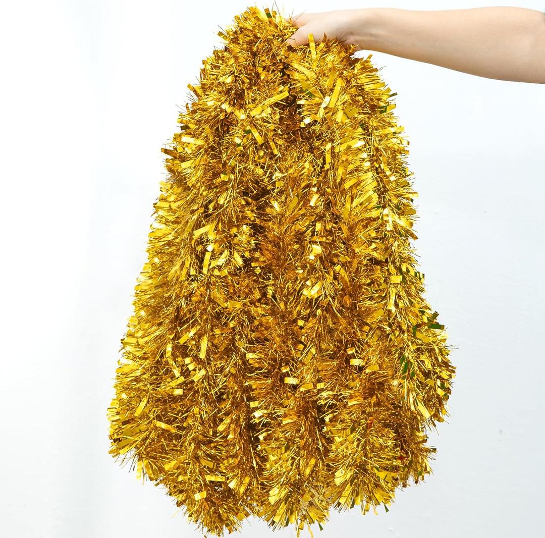 50FT Christmas Tinsel Garland, Golden Metallic Twist Foil Tinsel Garland Xmas Hanging Decoration for Christmas Tree Wedding Birthday Home Party Decoration