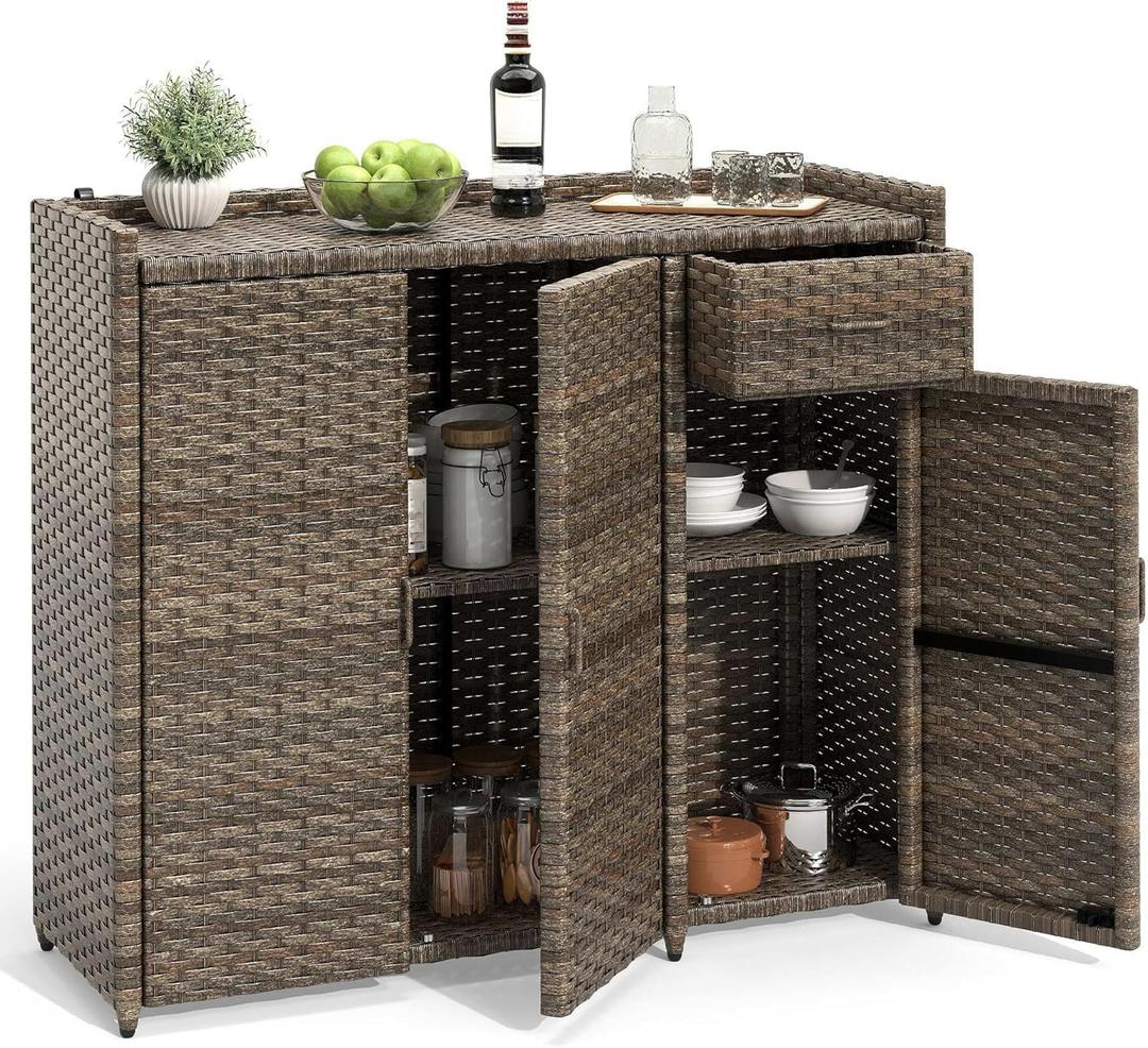 YITAHOME Outdoor Storage Cabinet, Weather-proof Rattan Bar Table with Two Doors, Adjustable Shelves & Foldable Drawer, Wicker Patio Storage Box for Outdoor Cushions, Pool Tool and Garden Tools - Brown