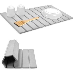 Large Stone Dish Drying Mats for Kitchen Counter, 24"(L)×16"(W) Collapsible Quick Dry Dish Drying Mat, EcoFriendly Absorbent Diatomaceous Earth Mat for Dishes Bottles Cups, Match Any Countertop