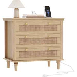 Irontar Rattan Nightstand with Charging Station, 27.6" Wide Bedside Table with 3 Large Drawers, Wooden End Table with Solid Wood Legs for Bedroom, Dorm, Natural BZZ011ME