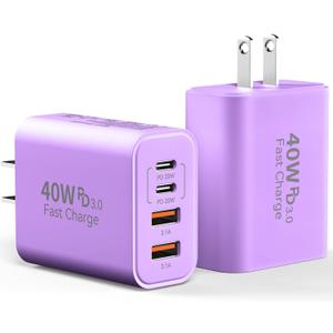USB C Wall Charger Block, 2Pack 40W 4-Port C Charger Fast Charging Block PD Power Adapter +QC 3.0 USB A Wall Plug Multiport Type C Box Cube for i Phone 15/14/13/12/11 Pro Max,pad, Galaxy,Purple