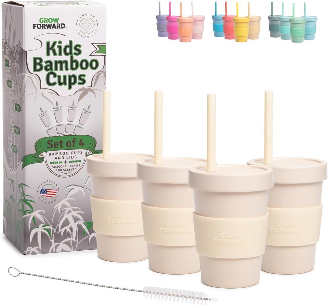Grow Forward Bamboo Kids Cups with Lids and Straws - 10oz Drinking Cups for Kids with Childproof Twist Lids & Silicone Straws - Eco Friendly, BPA Free, Non Toxic & Dishwasher Safe - Arctic