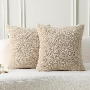 FUTEI Beige Throw Pillow Covers 16x16 Inch Set of 2,Furry Faux Fur Teddy Boucle Textured Cushion Covers,Soft Fluffy Decorative Pillow Case,Home Decor for Couch Bed Living Room Office Car