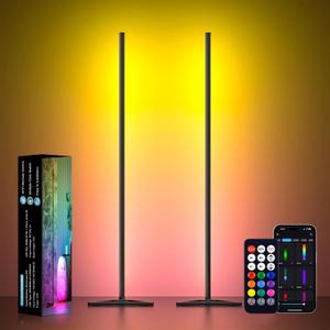 MIHEAL 2PCS Black Corner Floor Lamp, Synced Lights LED Control Floor Lamp RGB Light 56" Smart LED Corner Lamp App and Remote for Living Room Gaming Bedroom and Etc