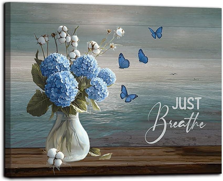fengyuyi Blue Ocean Flower Canvas Wall Art Bathroom Decor Just Breathe Picture Hydrangea Cotton Floral Wall Decor Butterfly Prints 16x20inch