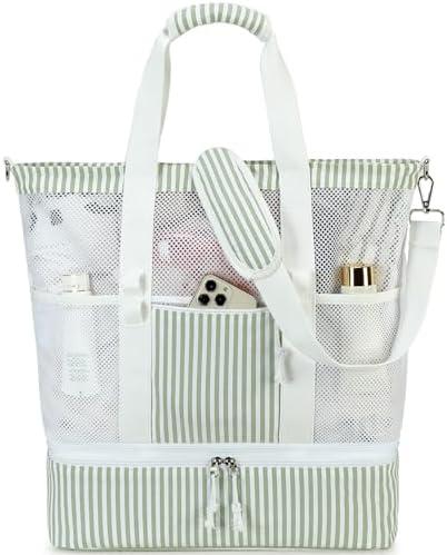 Bluboon Mesh Beach Tote Bag with Cooler Compartment Insulated Detachable Picnic Bag with Zipper and Pocket Pool Bag for Women