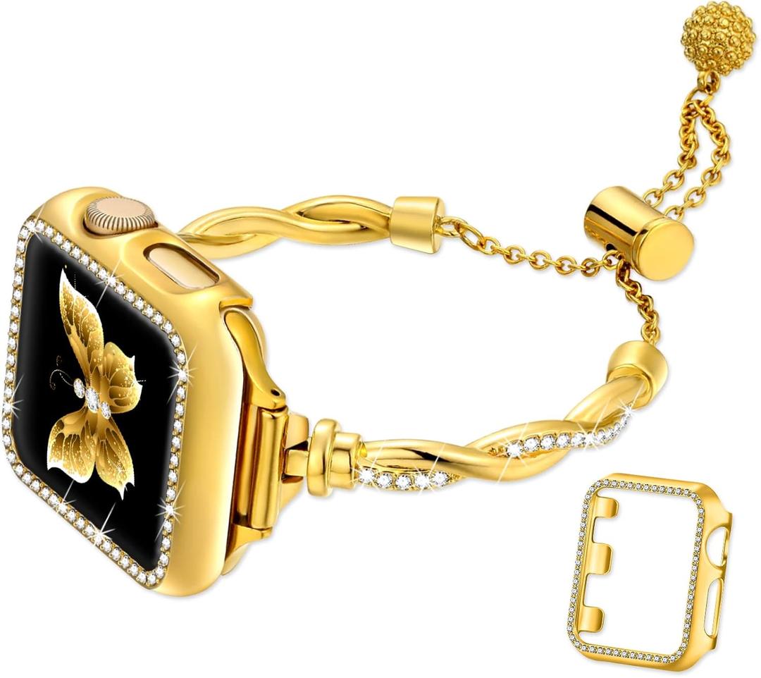 Dilando Bling Band and Case Compatible with Apple Watch Band 38mm 40mm 41mm 44mm 45mm 42mm Women, Slim Dressy Metal Bracelet Strap Rhinestone Bumper for Iwatch SE & Series 9 8 7 6 5 4 3 2 1(Gold,40mm)