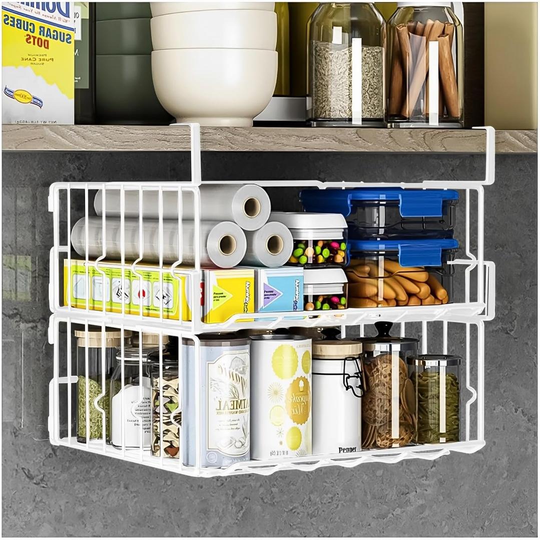Under Shelf Basket Storage 2Pack - 12.6in Metal Under Cabinet Shelf, Hanging Wire Basket Shelves, Undershelf Storage Basket for Kitchen Pantry Bookshelf (White)