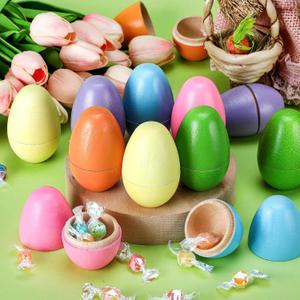 Marsui 12 Pcs Fillable Easter Colorful Wooden Eggs 2.8 x 2 Inches Basket Stuffers Hollow Wooden Easter Fake Eggs Hunt DIY Painting Art Craft Decorations Spring Home Decor