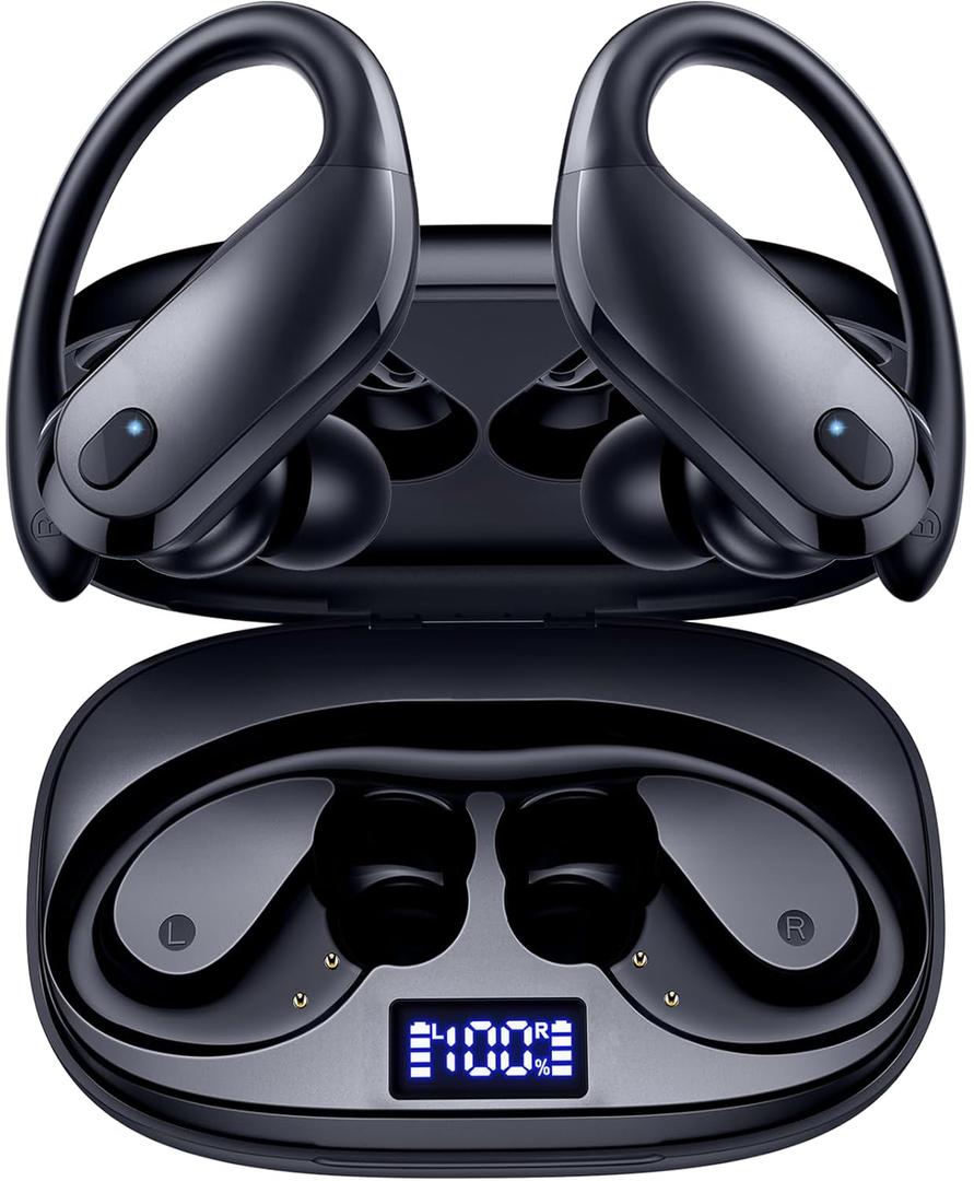 GNMN Wireless Earbuds Bluetooth Headphones Over Ear Buds 90H Playback IPX7 Waterproof Sports Earphones Deep Bass with Wireless Charging Case Dual LED Power Display Earhooks Headset for Running Black