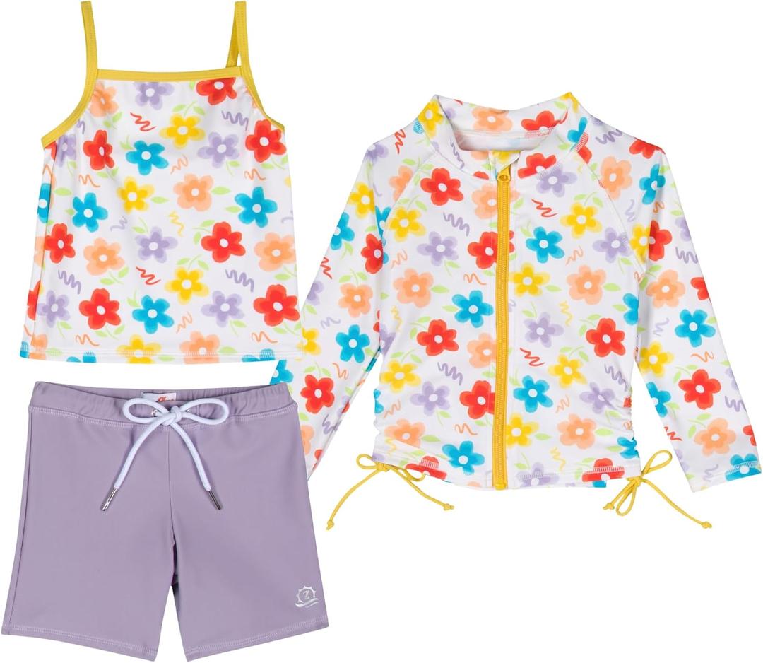 SwimZip Girls' 3 Pc Swim Set w/Long Sleeve Rash Guard, Tankini & Shorts UPF 50+, 8-10 Years
