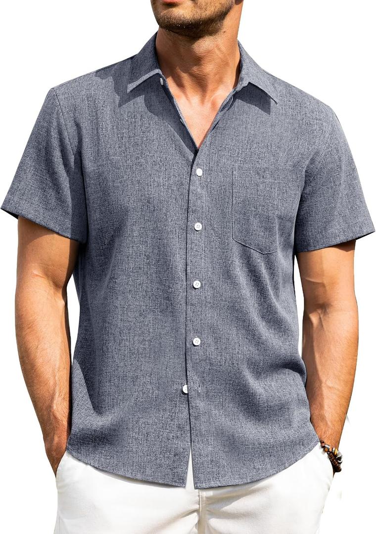Alimens & Gentle Mens Linen Shirts Short Sleeve Button Down Shirts Wrinkle Free Casual Vacation Beach Summer Tops (Blue, S)