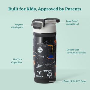 16 oz Stainless Steel Insulated Kids Water Bottle, Leak Proof Metal Thermal Flask with Straw lid, Cute Toddler Tumbler Cup for School Girls & Boys (Black, Space)