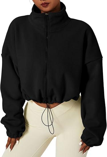QINSEN Women's Full Zip Fleece Short Jacket Warm Winter Long Sleeve Stand Collar Sherpa Crop Coat (Black), Size 