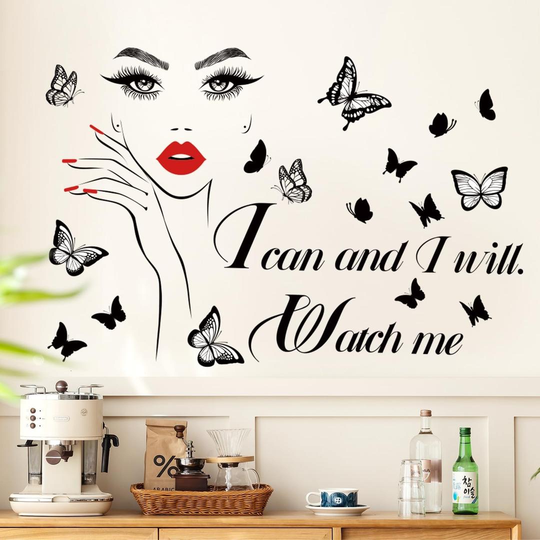 3D Inspirational Quotes Wall Decals - Removable DIY Red Lips Girl and Motivational Lettering Sticker - Peel and Stick Butterfly Art Decor for Women Bedroom Living Room Decoration