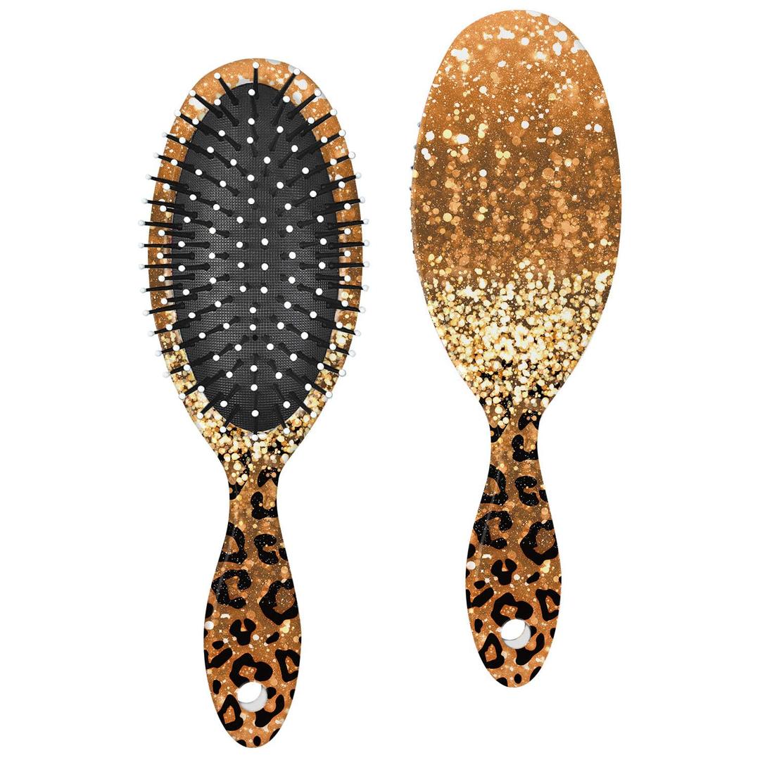 WIRESTER Detangle Hair Brush For All Hair Types, Comb Hair Brush for Girls Women Suitable for Wet and Dry Hair - Gold Glitter Sparkle With Black Yellow Glitter Leopard