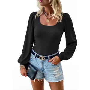 Womens Puff Long Sleeve Tops Square Neck Ribbed Knit Slim Fit Blouse Basic Tee Tops Elegant T Shirts (XL)