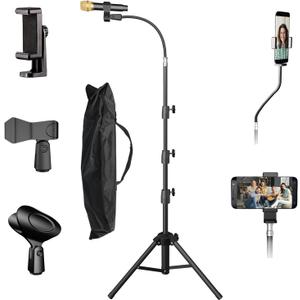 KEREAL Microphone Stand For singing For Most Mic, Gooseneck Mic Stand Adjustable Height From 21 to 75, Portable Mic Floor Stand with Phone holder,Two Mic Clips for Studio, Stage, Karaoke, DJ, Kids
