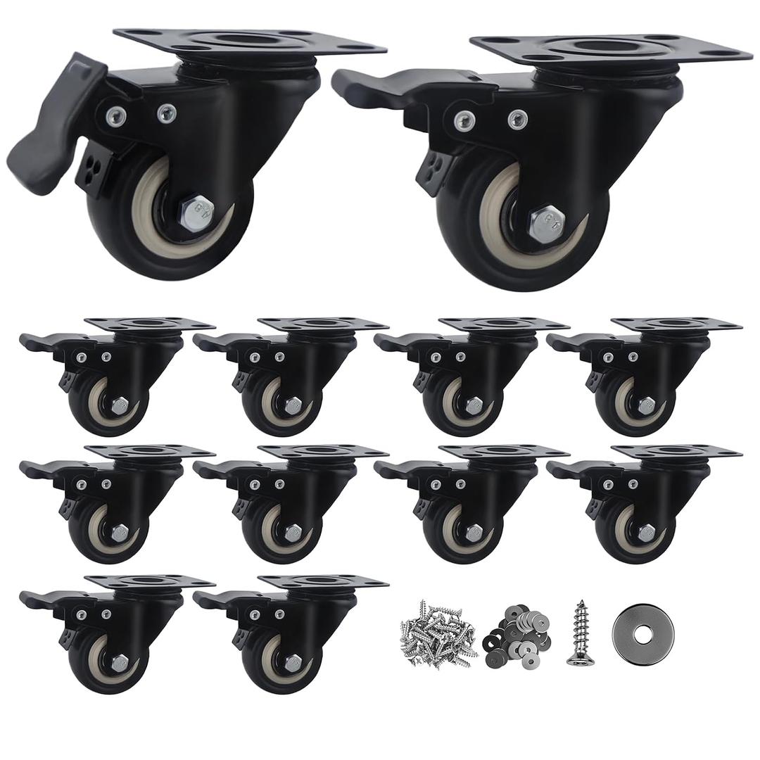 2 Inch Caster Wheels Set of 12, Heavy Duty Casters,with Brake,No Noise Locking Polyurethane (PU) Wheels, for Furniture and Workbench Load 800lbs