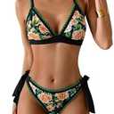 Aidonger Bikini Sets for Women Floral Two Piece Bathing Suit V Neck Shell Stitched Swimsuit Tie Side Triangle Swimwear, Medium (Green,Black) 