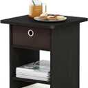 Furinno DARIO Side Table, Square End Table with Storage Bin, Round Corner Night Stand, Bedside Table with Open Back Shelf, for Living Room, Bedroom, Espresso