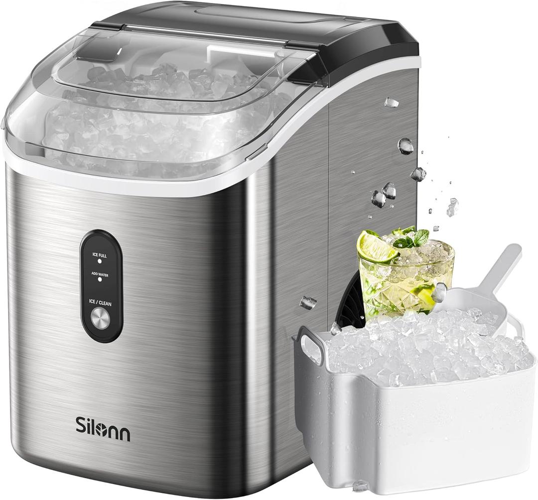 Nugget Ice Maker Countertop, Silonn Chewable Pellet Ice Machine with Self-Cleanin Function, 33lbs/24H Portable Ice Makers for Home Kitchen Officce, Stainless Steel