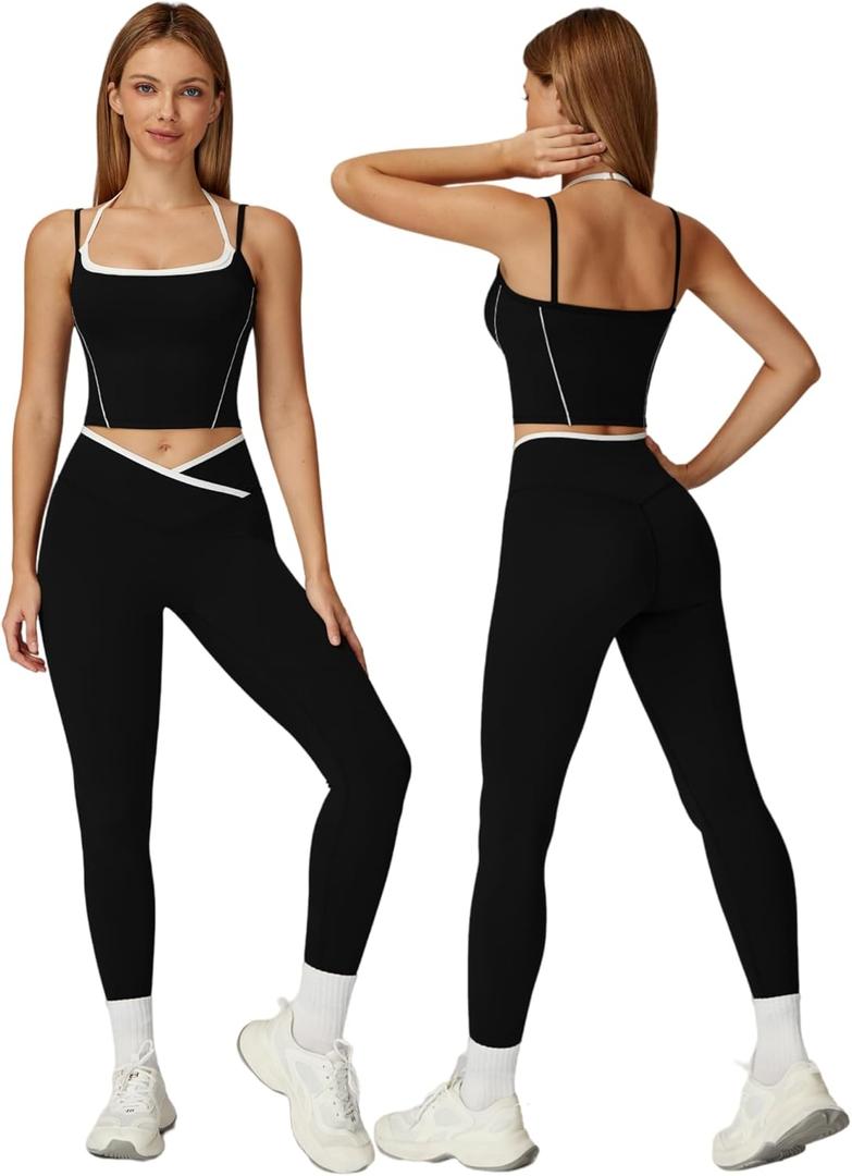 ABOCIW Workout Sets for Women 2 Piece Color Block Strappy Sports Bra High Waist Shorts Gym Yoga Pilates Outfits (Black, M)