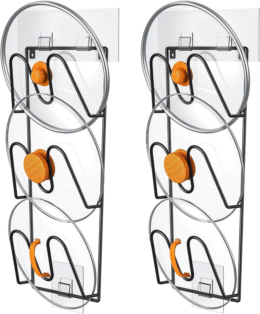 ORLESS 2 Pack Pot Lid Organizer Rack for Cabinet Door, Adhesive Pot Lid Holder Wall Mount, Rustproof Lid Cover for Pots and Pans, Lid Organizer for Kitchen
